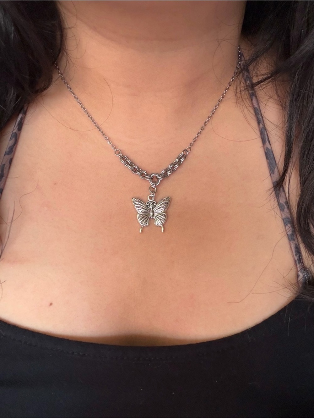 Large Silver Butterfly Charm Pendant Necklace